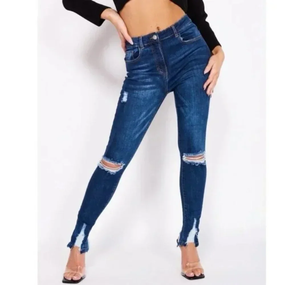 Blue High Waist Ripped Distressed Split Hem Skinny Jeans Denim Pants - Picture 10 of 13